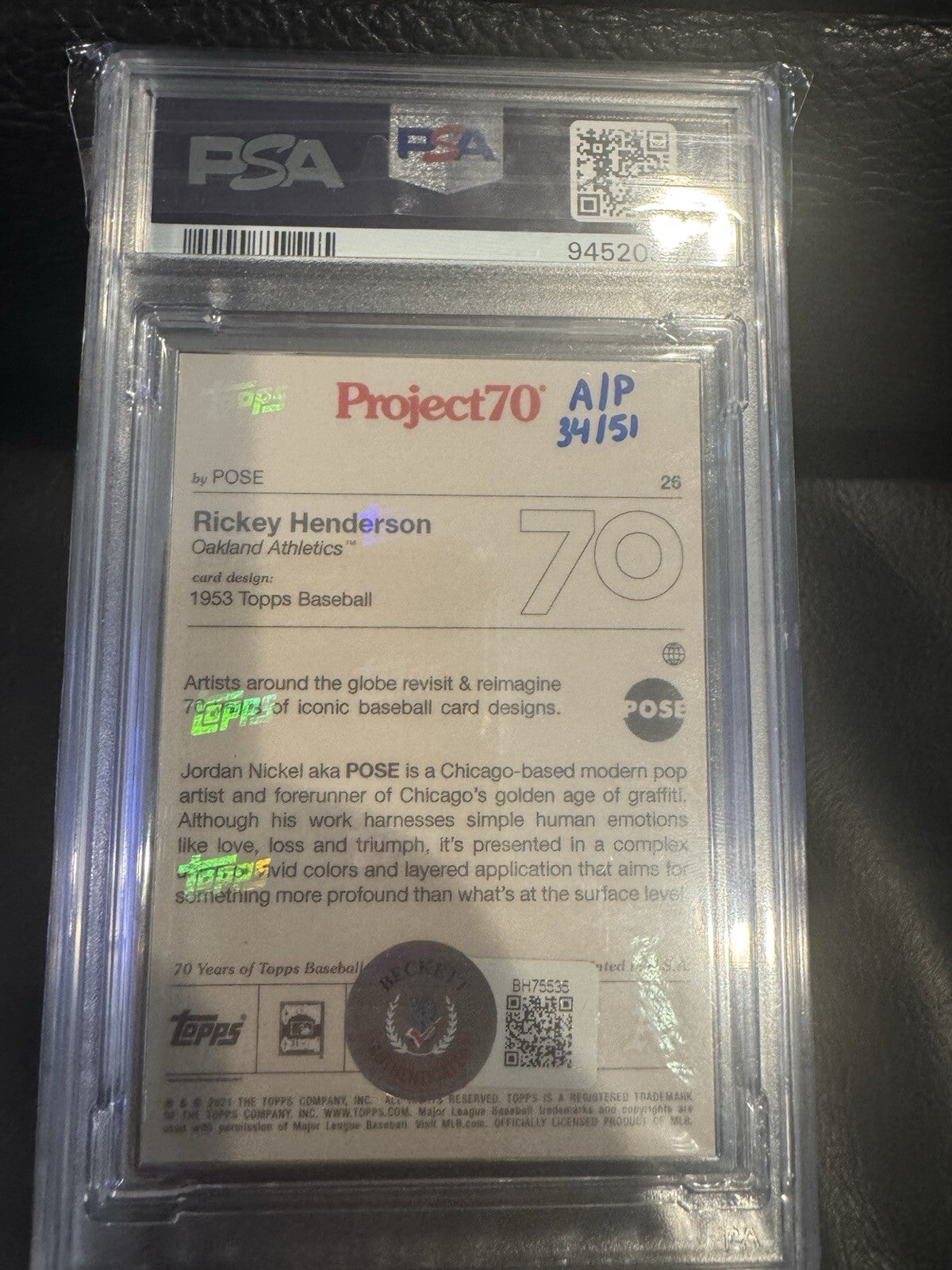 2021 Topps Project70 Artist Proof Silver Frame Rickey Henderson Auto /51 PSA 9/9