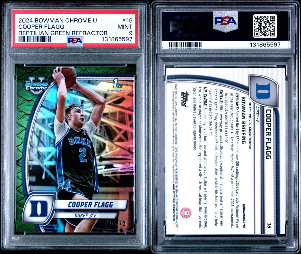 2024-25 Bowman Chrome U Cooper Flagg 1st Bowman Green Reptilian /75 PSA 9 SP