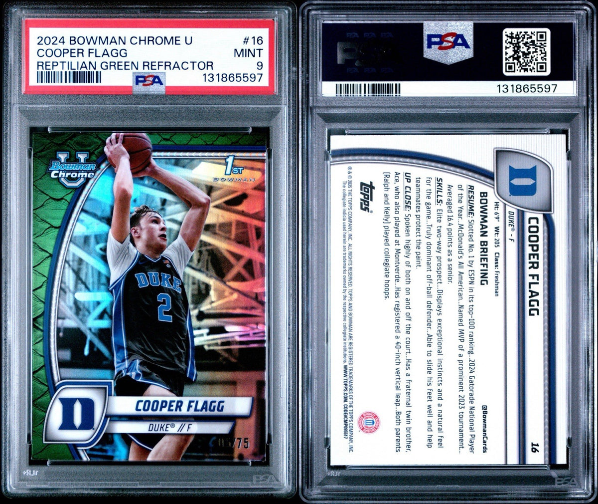 2024-25 Bowman Chrome U Cooper Flagg 1st Bowman Green Reptilian /75 PSA 9 SP