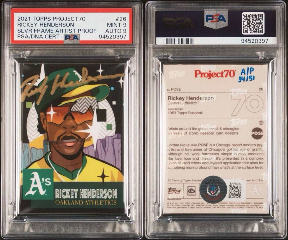 2021 Topps Project70 Artist Proof Silver Frame Rickey Henderson Auto /51 PSA 9/9