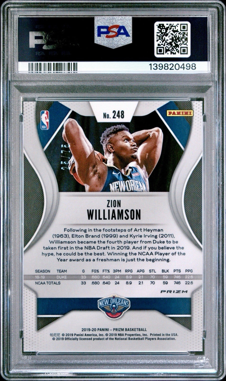 2019-20 Panini Prizm - Rookie Zion Williamson #248 Purple Prizm /75 (RC) PSA 9
