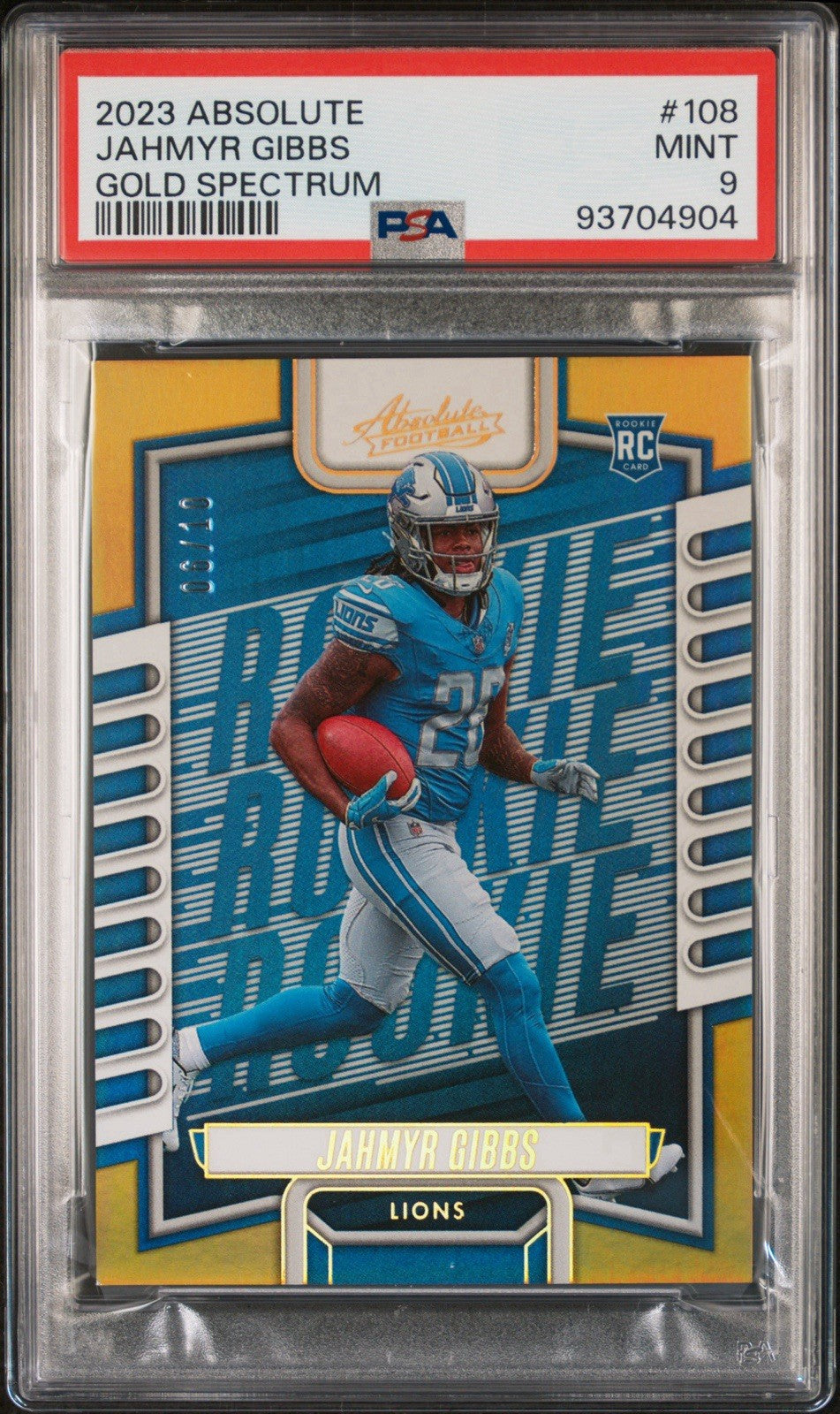 2023 Panini Absolute Jahmyr Gibbs #108 Gold Spectrum /10 (RC) PSA 9 None Higher