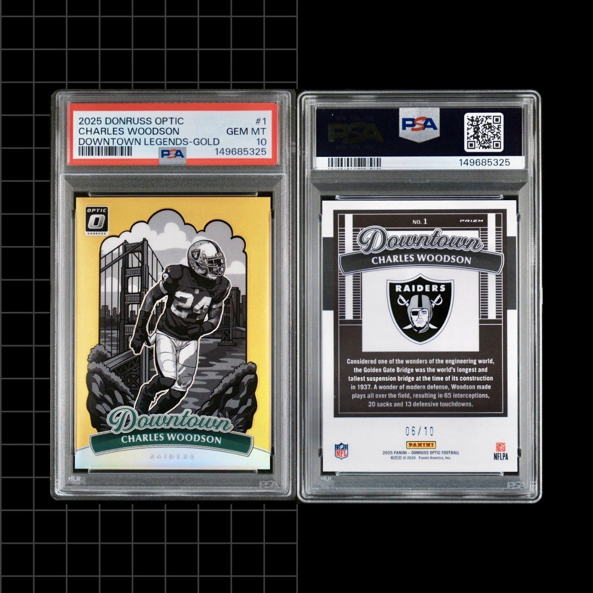 CHARLES WOODSON 2025 PANINI DONRUSS OPTIC DOWNTOWN GOLD  #’d/10 PSA 10 POP 3