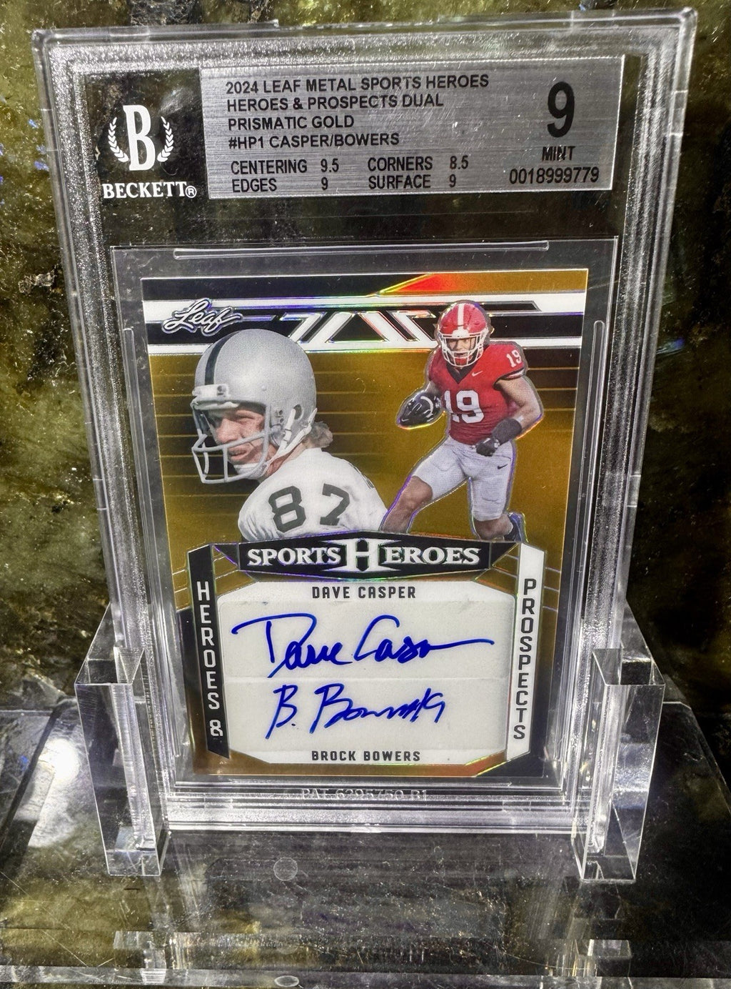 2024 Leaf Sports Heroes Brock Bowers RC Dave Casper Dual Auto 1/1 Gold Prismatic