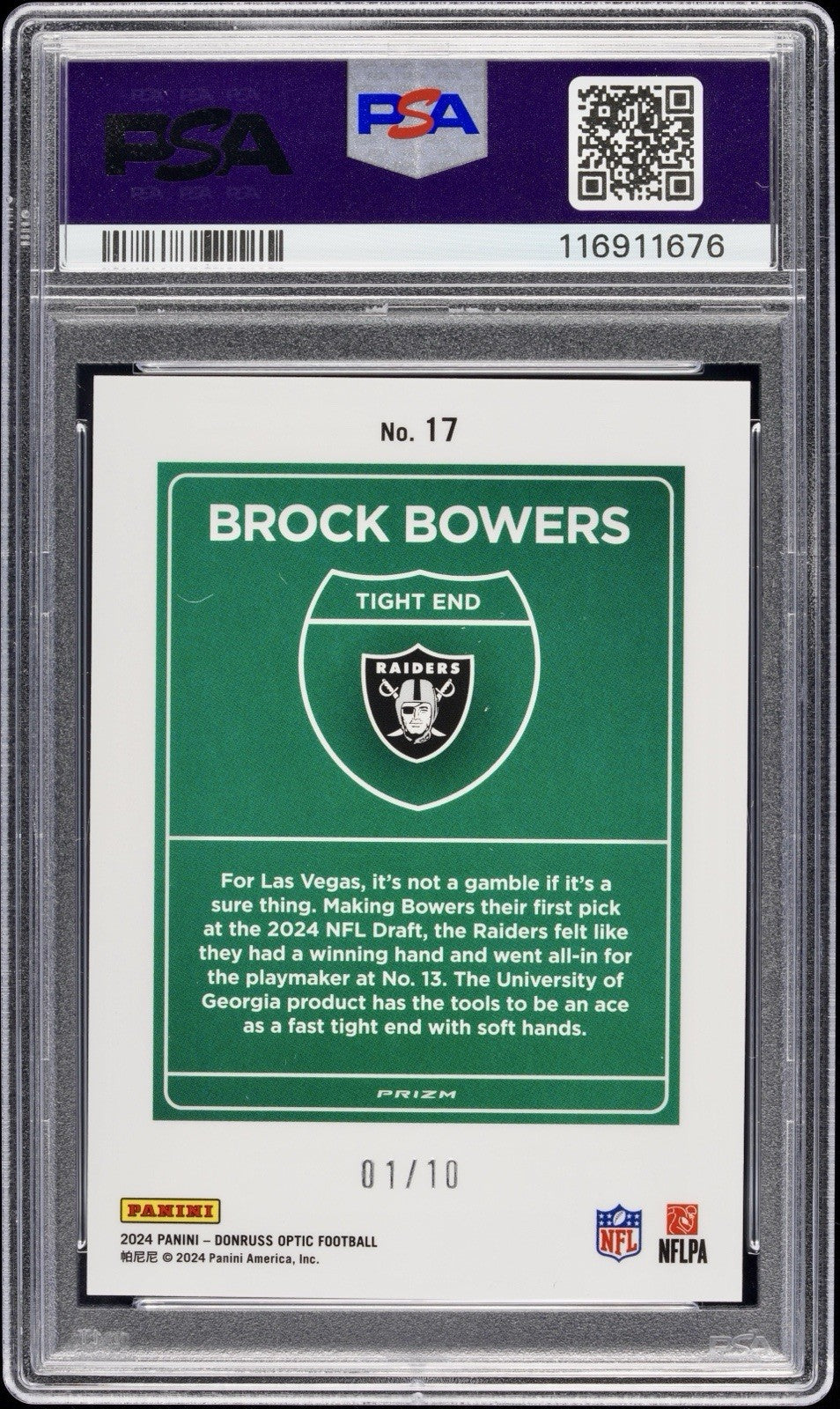2024 Panini Donruss Optic Downtown! #17 Brock Bowers Gold PSA 10 #1/10 Pop 5