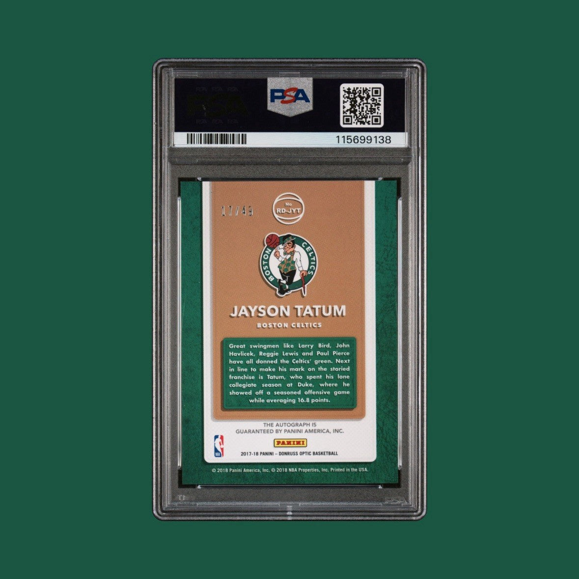2017-18 Jayson Tatum Donruss Optic Dominators /49 Auto RC PSA 10 Auto 10 Pop 1