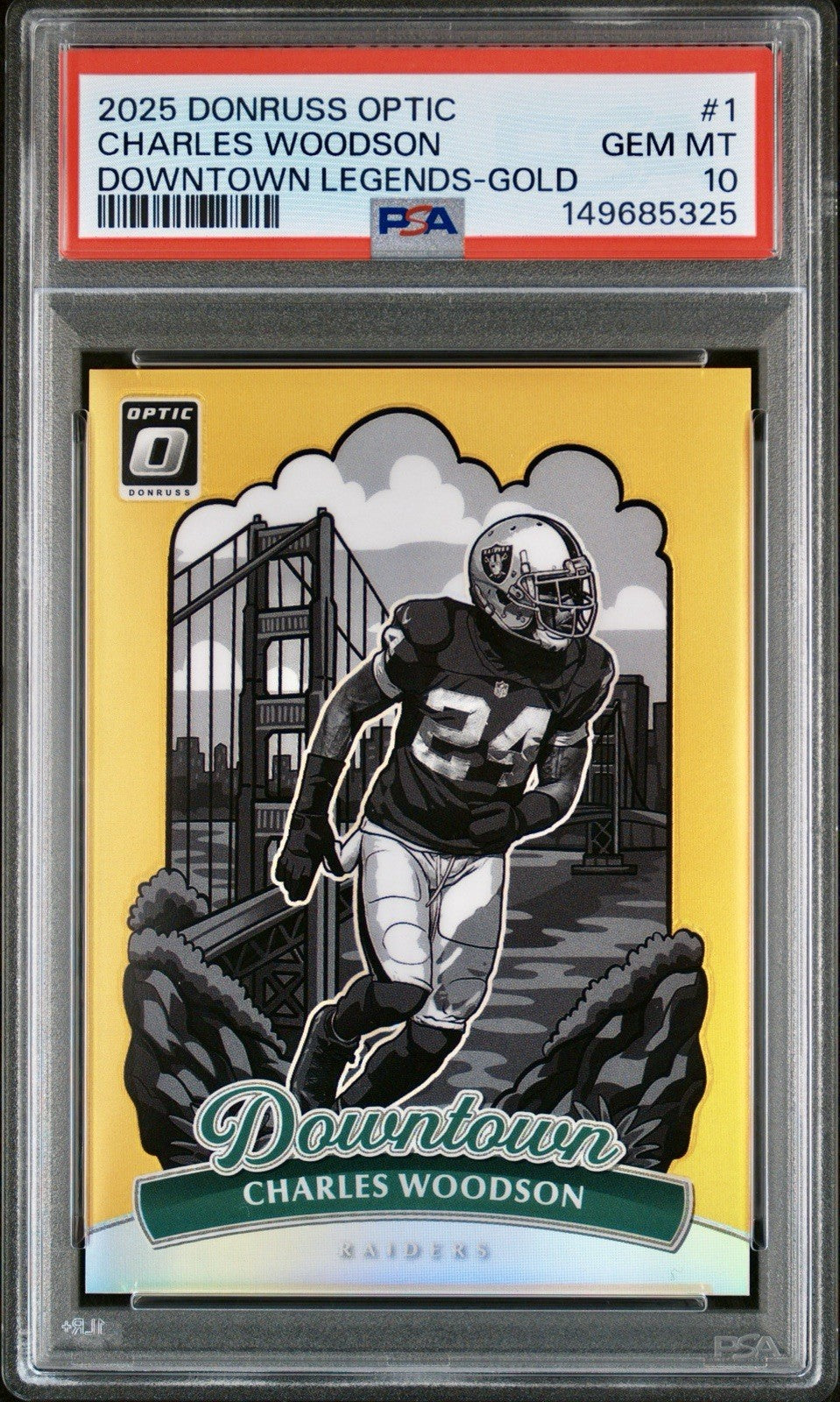 CHARLES WOODSON 2025 PANINI DONRUSS OPTIC DOWNTOWN GOLD  #’d/10 PSA 10 POP 3