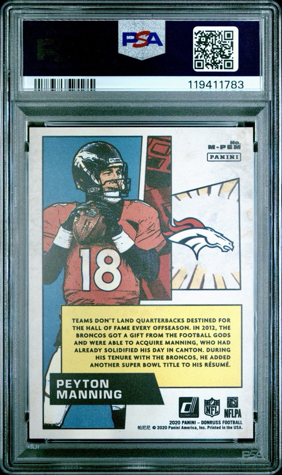 2020 Panini Donruss Marvels Peyton Manning #M-10 1st Year Case Hit PSA 10 Pop 6