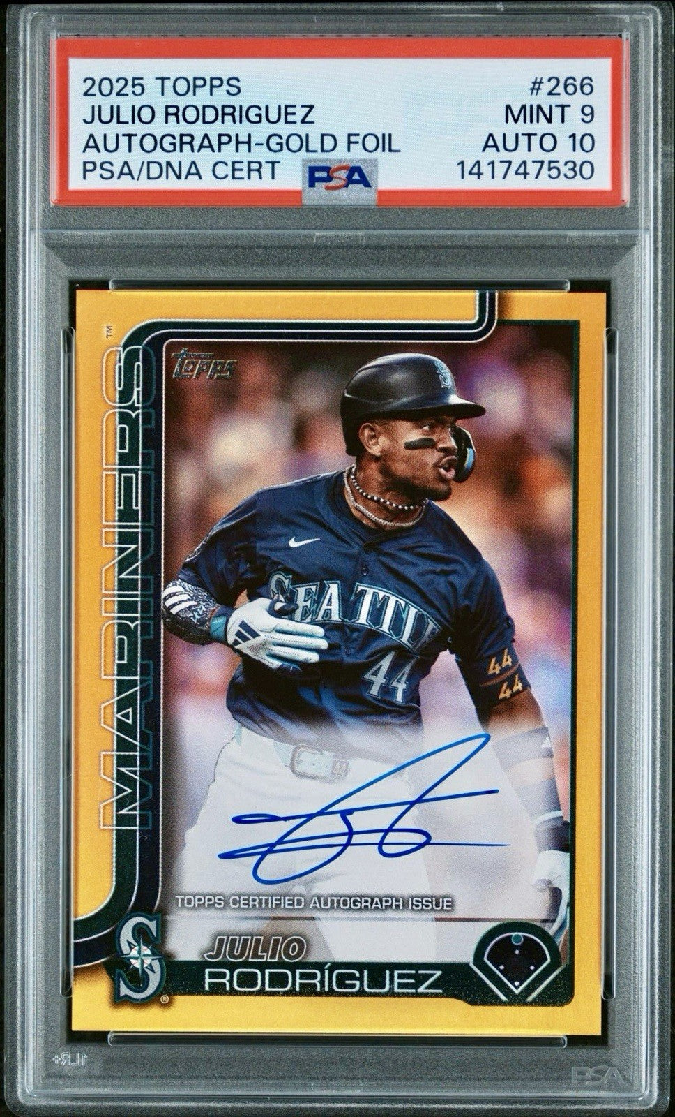2025 Topps Series 1 Flagship Auto Julio Rodriguez #266 Gold Foil /50 PSA 9/10