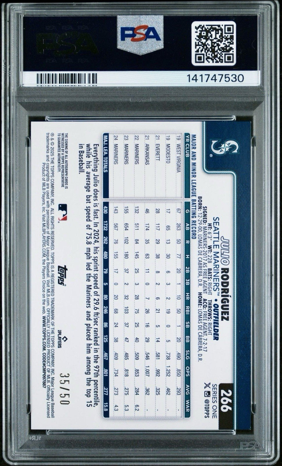 2025 Topps Series 1 Flagship Auto Julio Rodriguez #266 Gold Foil /50 PSA 9/10