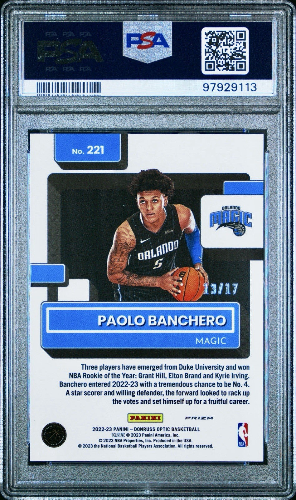 2022 Donruss Optic - Rated Rookie Paolo Banchero #221 Purple Stars /17 PSA 10