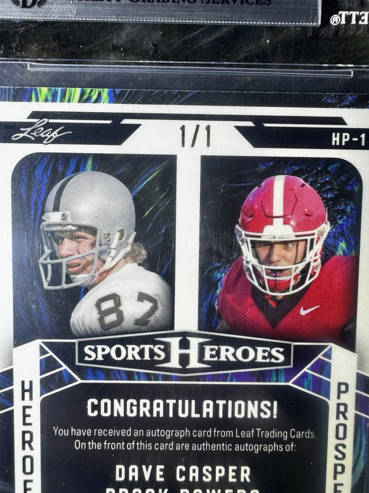 2024 Leaf Sports Heroes Brock Bowers RC Dave Casper Dual Auto 1/1 Gold Prismatic