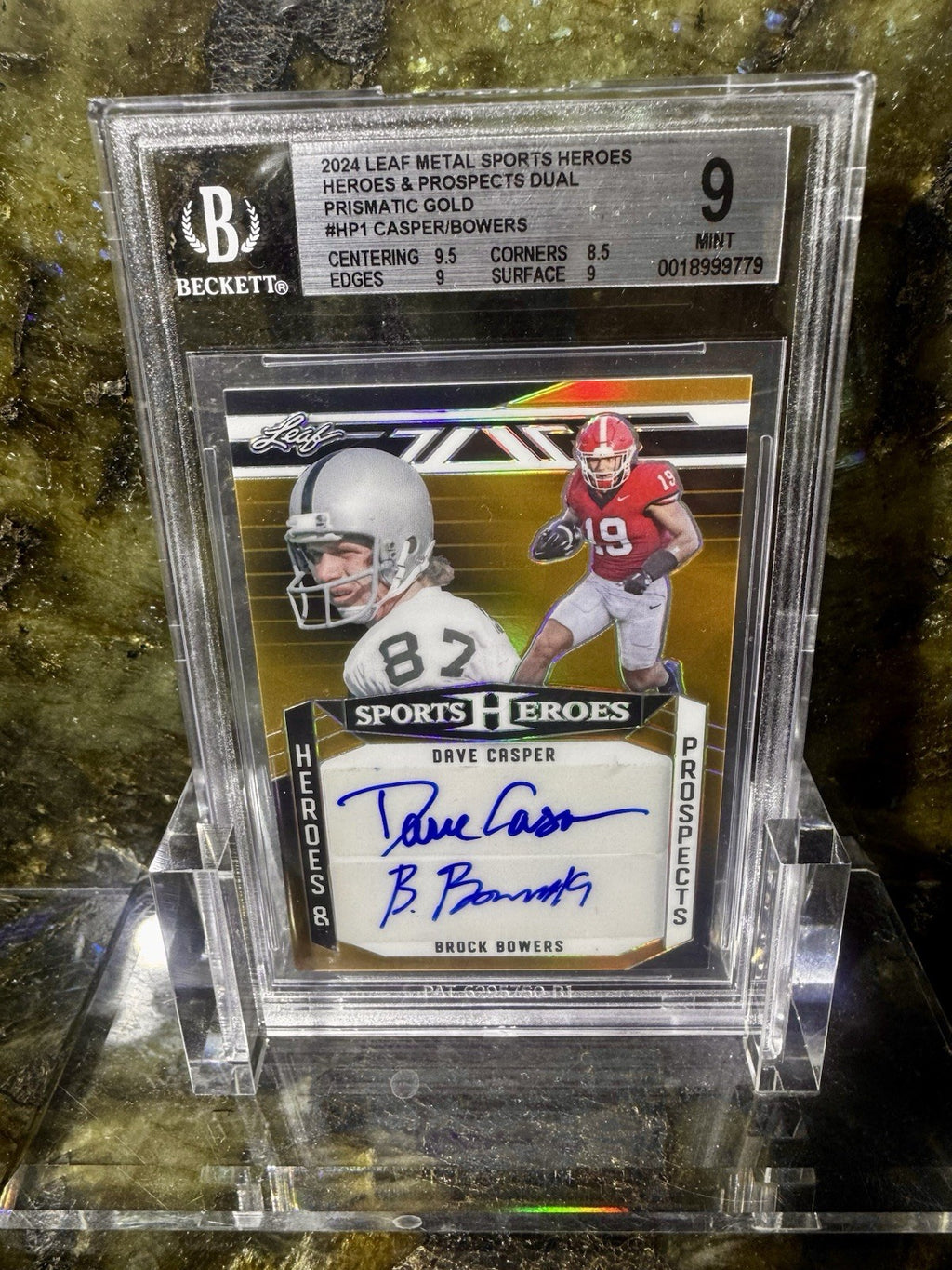 2024 Leaf Sports Heroes Brock Bowers RC Dave Casper Dual Auto 1/1 Gold Prismatic