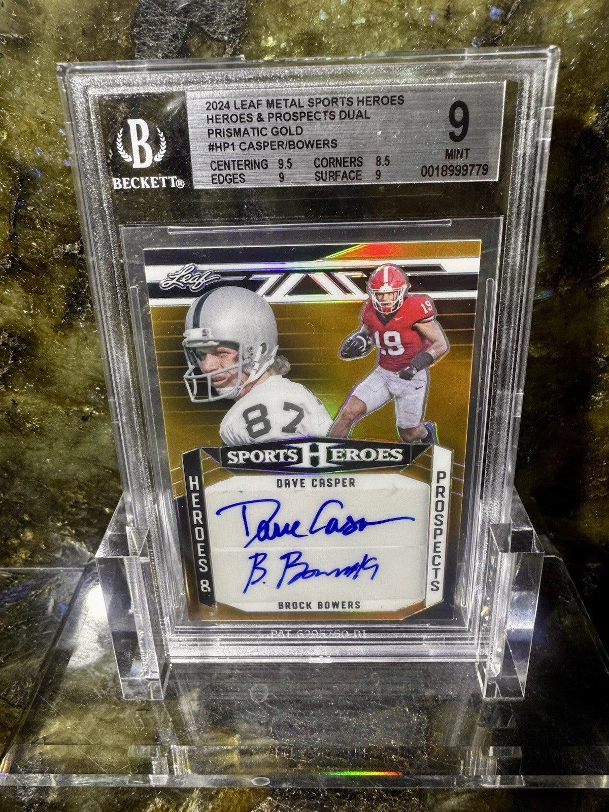 2024 Leaf Sports Heroes Brock Bowers RC Dave Casper Dual Auto 1/1 Gold Prismatic