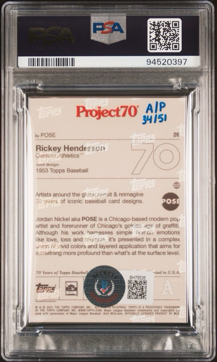 2021 Topps Project70 Artist Proof Silver Frame Rickey Henderson Auto /51 PSA 9/9