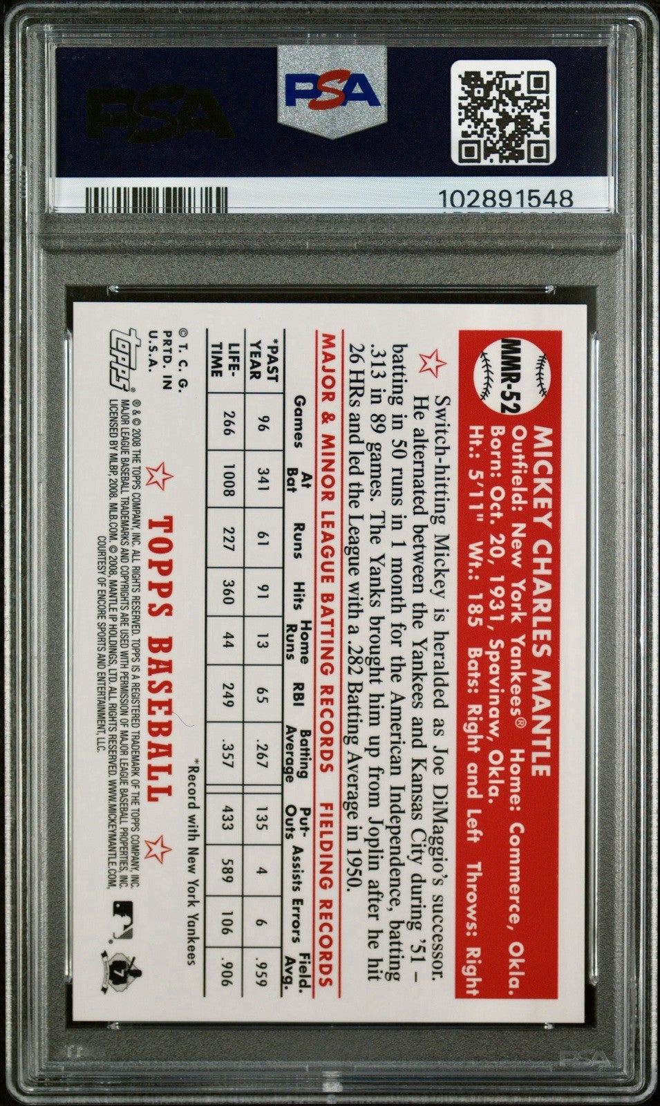 2008 Topps Mickey Mantle Gold Refractor PSA 9 #MMR-52 Pop 125 Rare