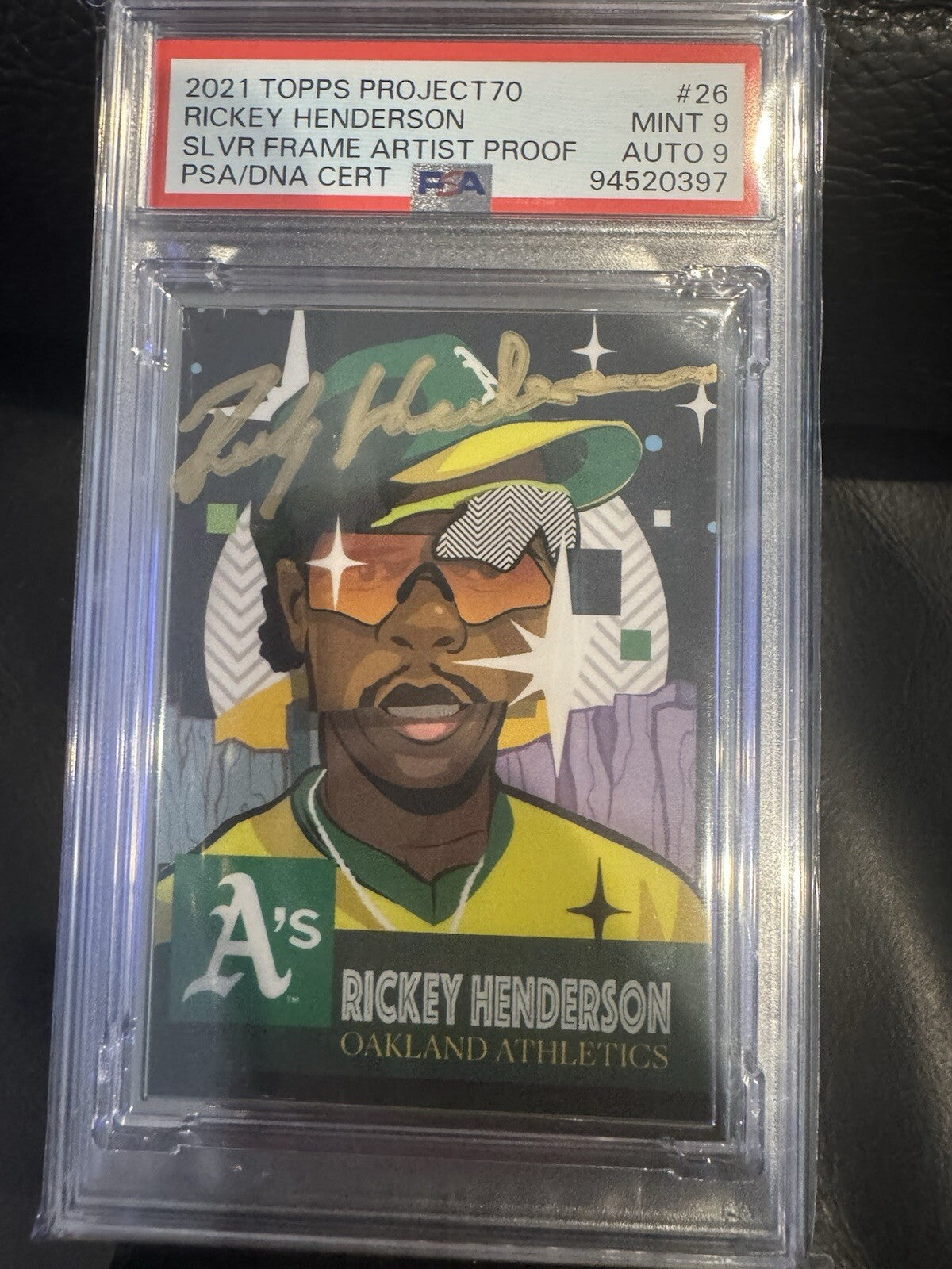 2021 Topps Project70 Artist Proof Silver Frame Rickey Henderson Auto /51 PSA 9/9