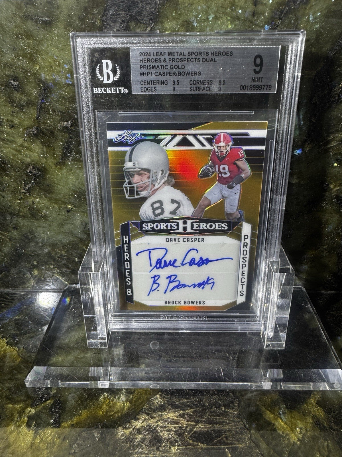 2024 Leaf Sports Heroes Brock Bowers RC Dave Casper Dual Auto 1/1 Gold Prismatic