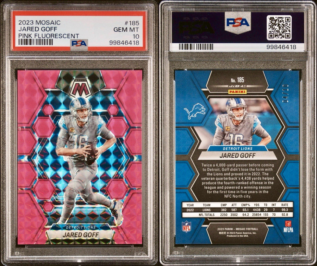 2023,Mosaic Jared Goff Pink Fluorescent /10 PSA 10