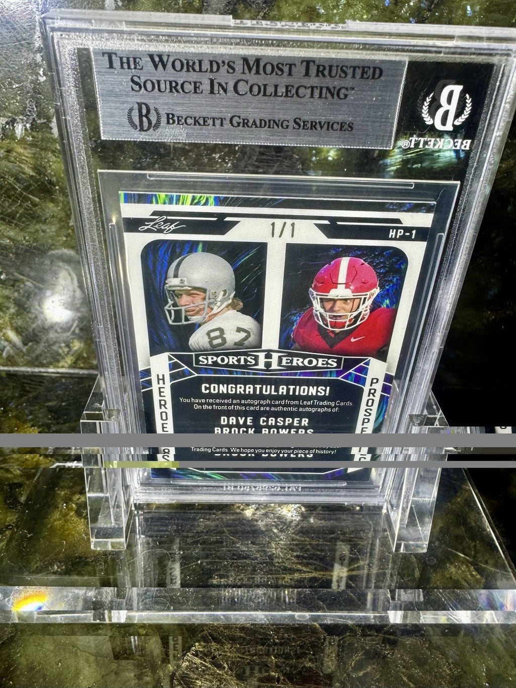2024 Leaf Sports Heroes Brock Bowers RC Dave Casper Dual Auto 1/1 Gold Prismatic