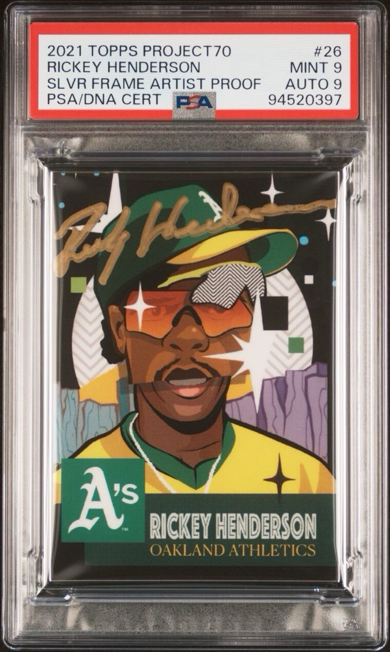 2021 Topps Project70 Artist Proof Silver Frame Rickey Henderson Auto /51 PSA 9/9