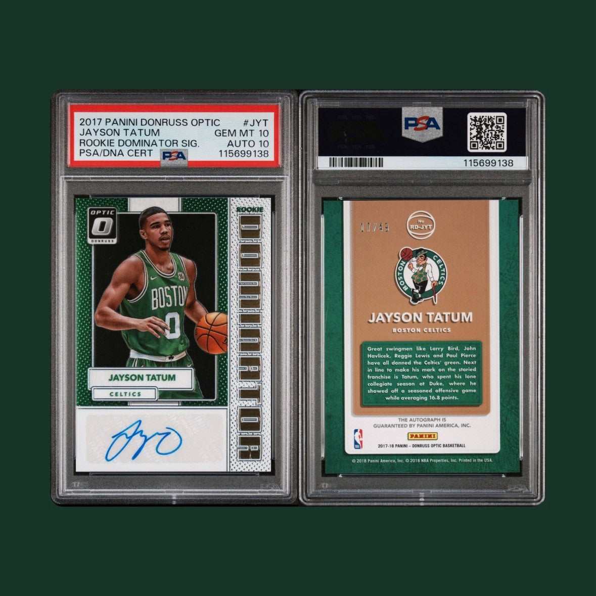 2017-18 Jayson Tatum Donruss Optic Dominators /49 Auto RC PSA 10 Auto 10 Pop 1