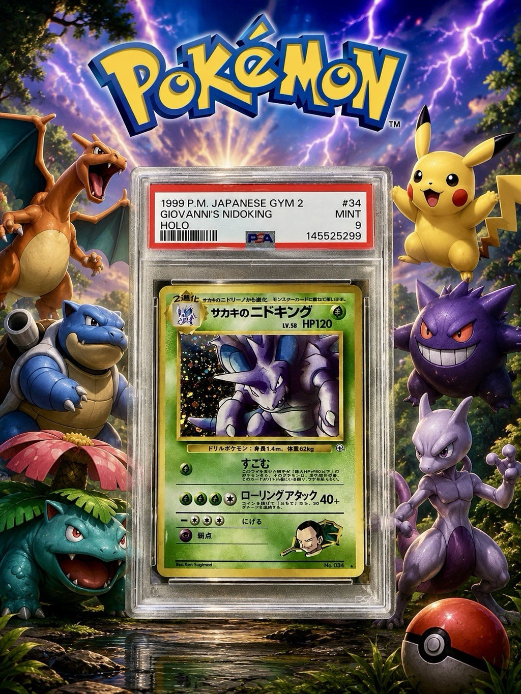 1999 POKEMON JAPANESE GYM 2 #34 GIOVANNI'S NIDOKING-HOLO PSA 9