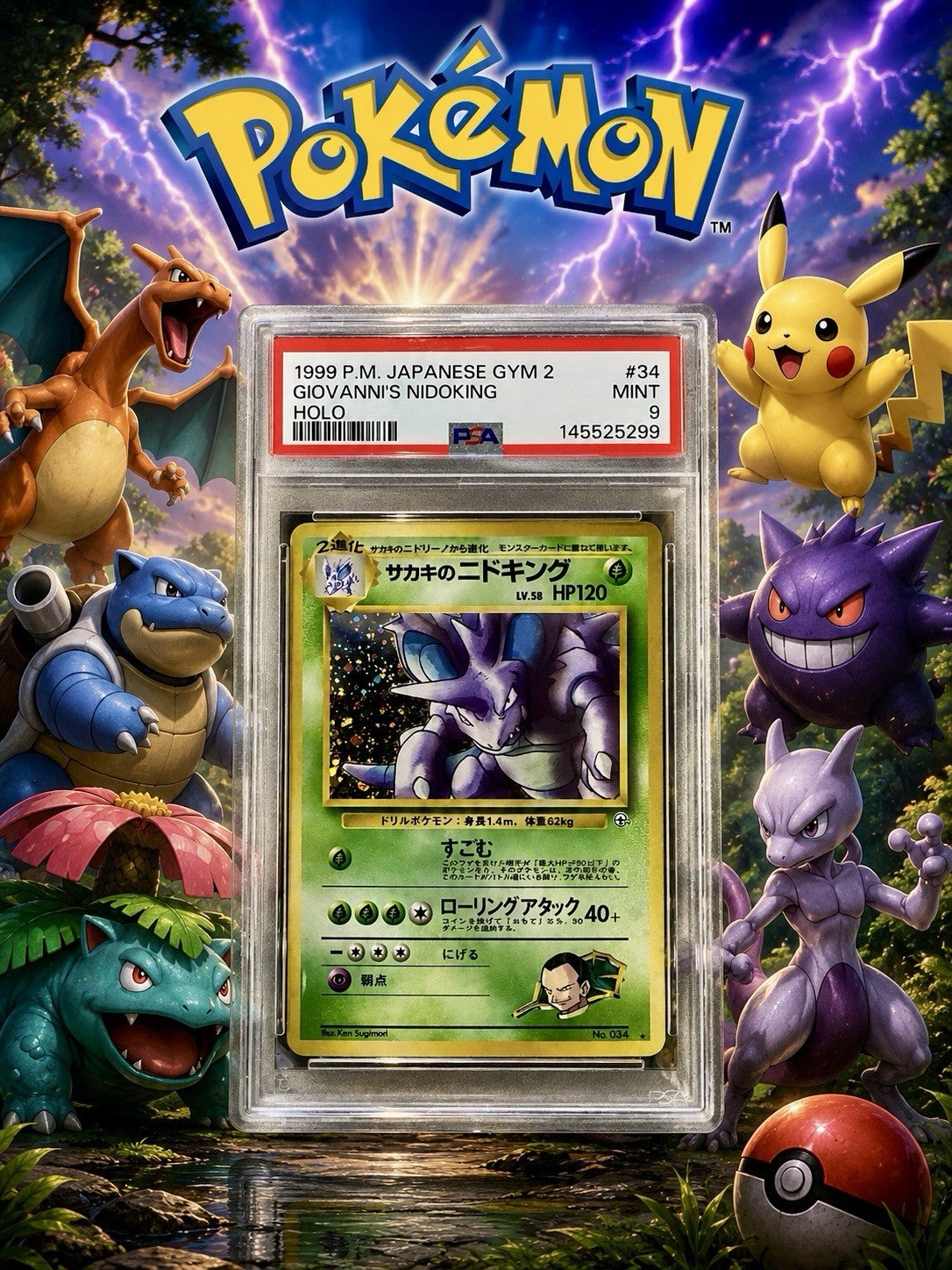 1999 POKEMON JAPANESE GYM 2 #34 GIOVANNI'S NIDOKING-HOLO PSA 9