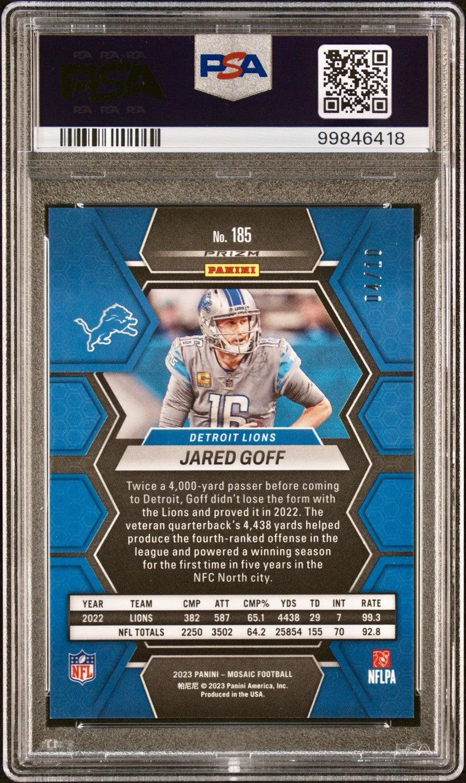2023,Mosaic Jared Goff Pink Fluorescent /10 PSA 10