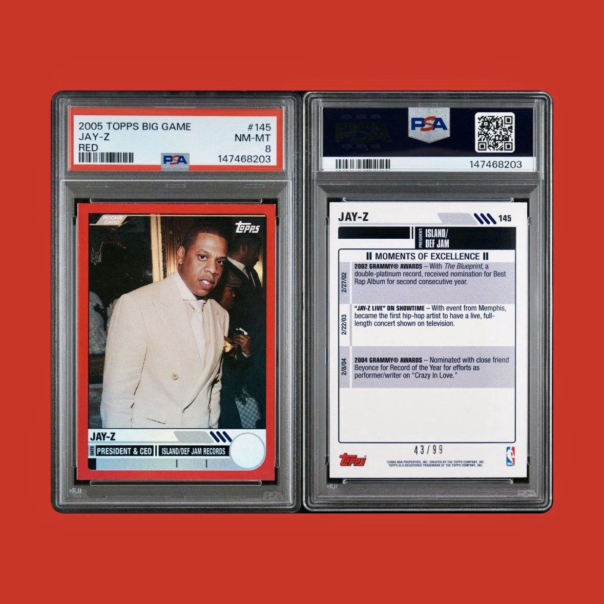 JAY-Z 2005-06 TOPPS BIG GAME BASKETBALL #145 "RED REFRACTOR" ROOKIE PSA 8 43/99