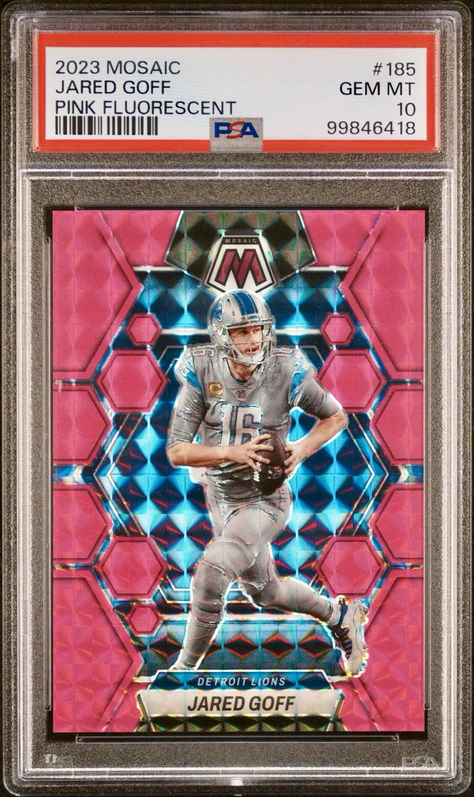 2023,Mosaic Jared Goff Pink Fluorescent /10 PSA 10
