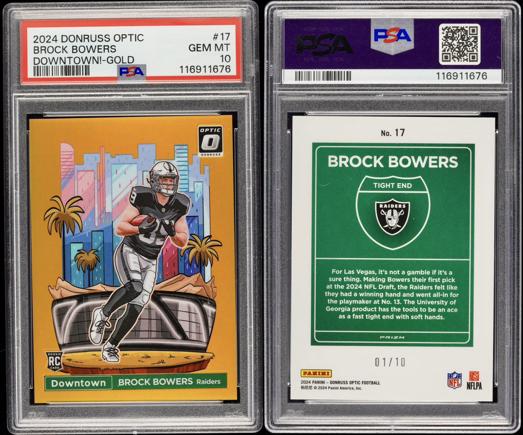 2024 Panini Donruss Optic Downtown! #17 Brock Bowers Gold PSA 10 #1/10 Pop 5