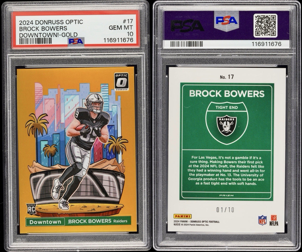 2024 Panini Donruss Optic Downtown! #17 Brock Bowers Gold PSA 10 #1/10 Pop 5