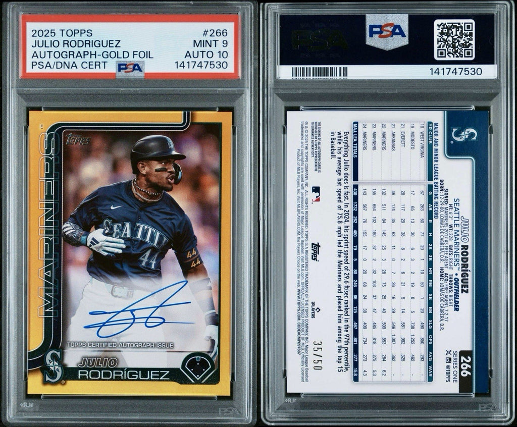 2025 Topps Series 1 Flagship Auto Julio Rodriguez #266 Gold Foil /50 PSA 9/10