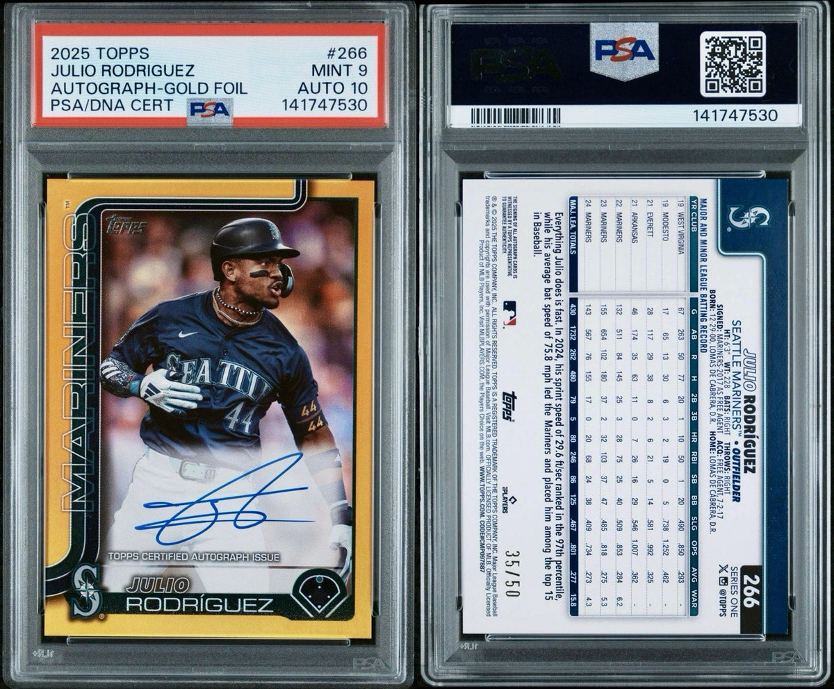 2025 Topps Series 1 Flagship Auto Julio Rodriguez #266 Gold Foil /50 PSA 9/10