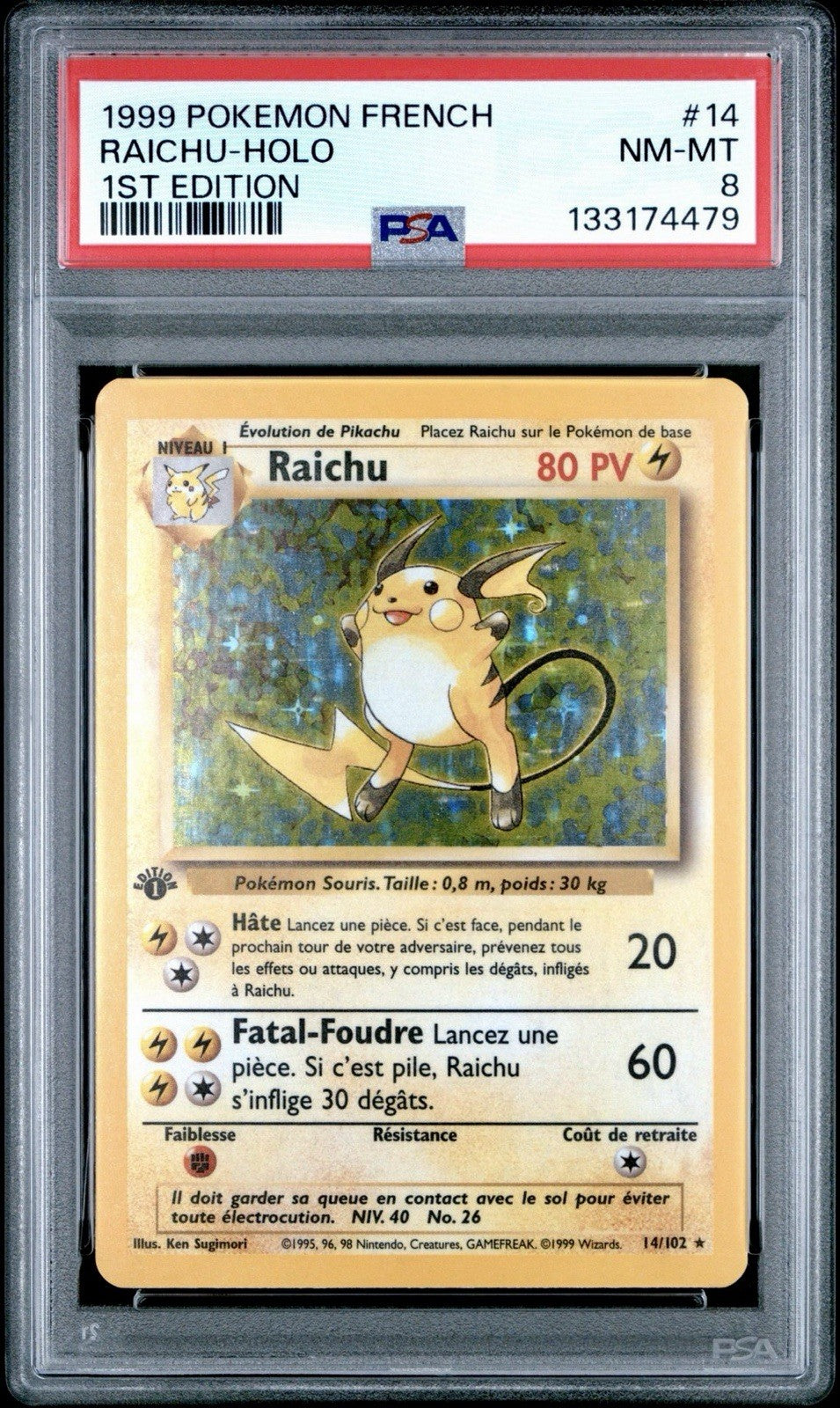 Pokemon 1st Edition Base Set French Raichu Holo 14/102 PSA 8 NM/Mint 🔥📈