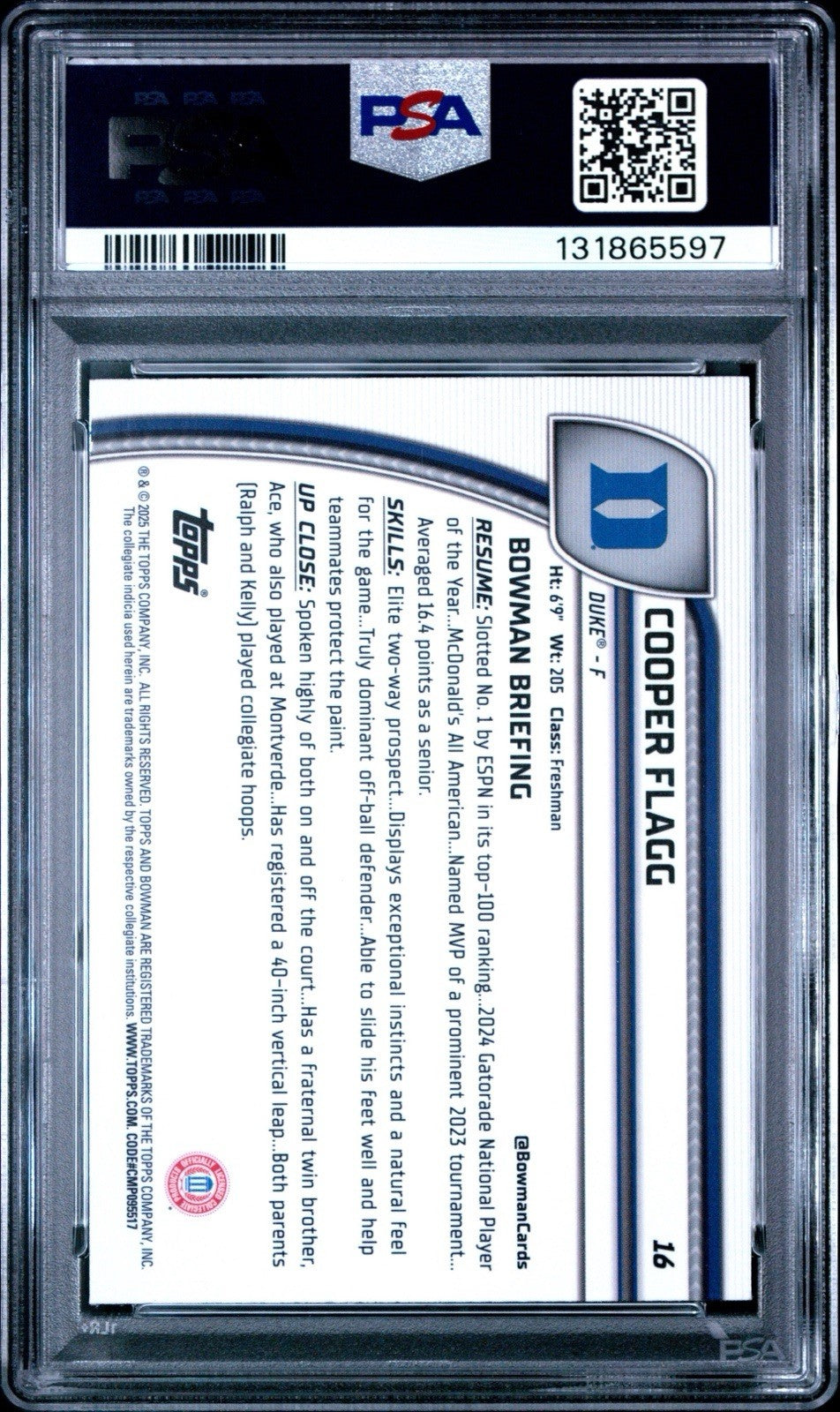 2024-25 Bowman Chrome U Cooper Flagg 1st Bowman Green Reptilian /75 PSA 9 SP