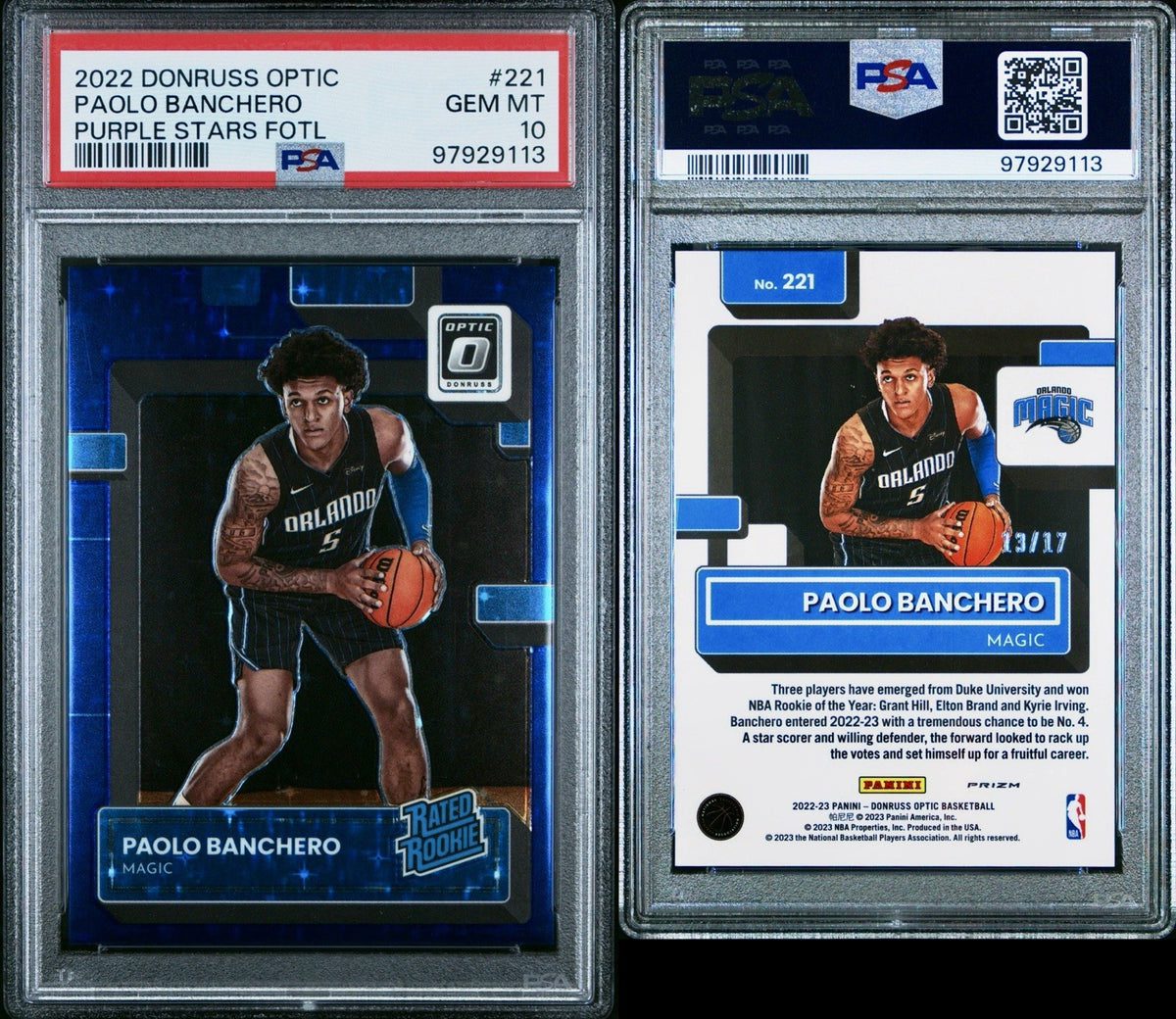 2022 Donruss Optic - Rated Rookie Paolo Banchero #221 Purple Stars /17 PSA 10