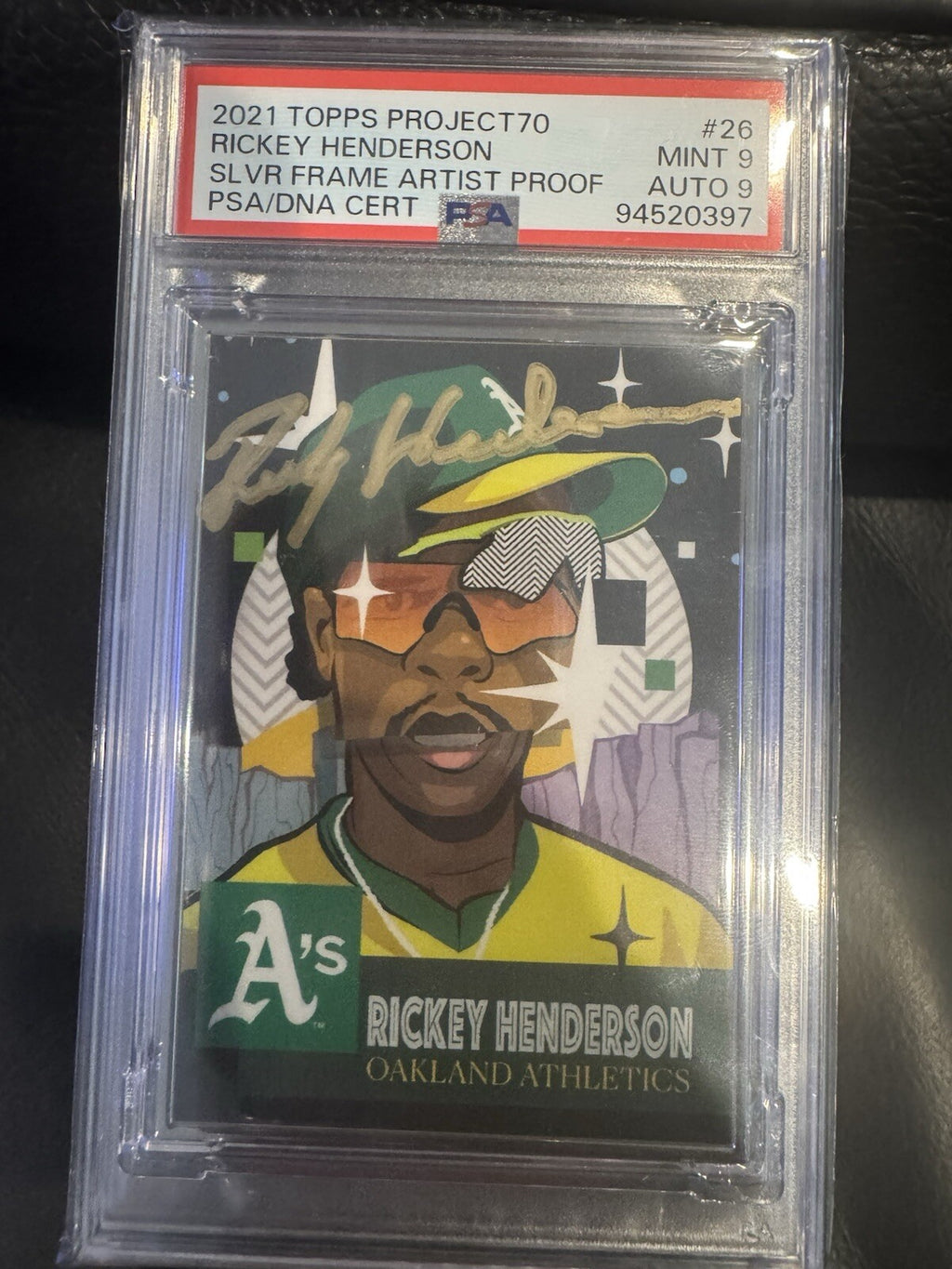 2021 Topps Project70 Artist Proof Silver Frame Rickey Henderson Auto /51 PSA 9/9