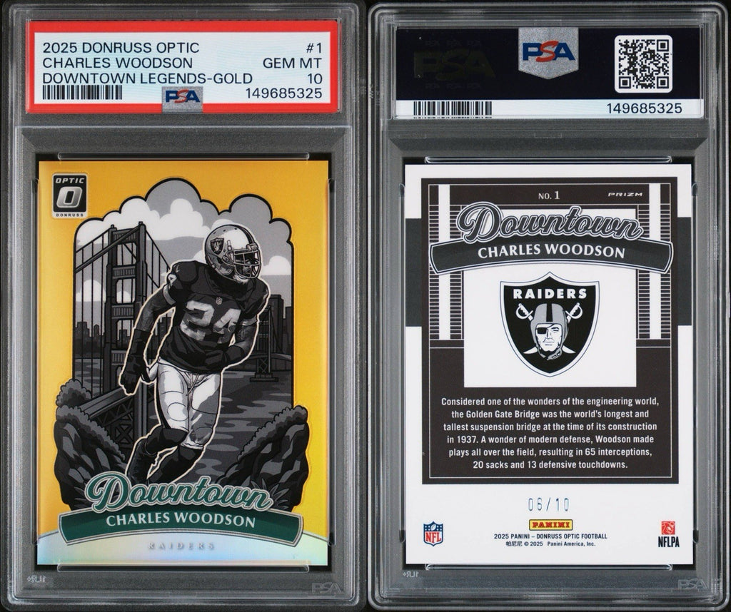 CHARLES WOODSON 2025 PANINI DONRUSS OPTIC DOWNTOWN GOLD  #’d/10 PSA 10 POP 3