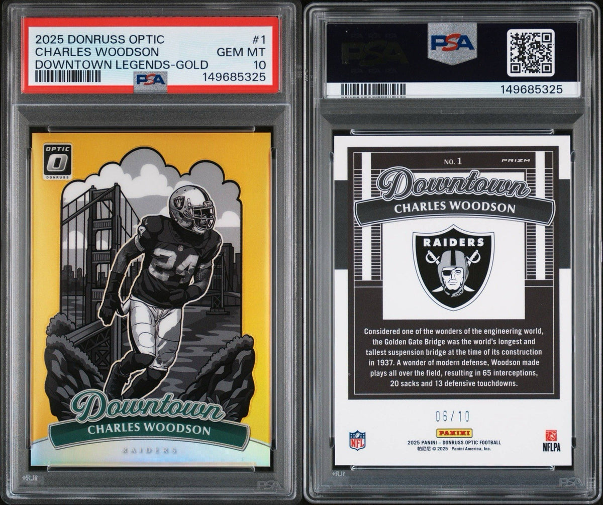 CHARLES WOODSON 2025 PANINI DONRUSS OPTIC DOWNTOWN GOLD  #’d/10 PSA 10 POP 3