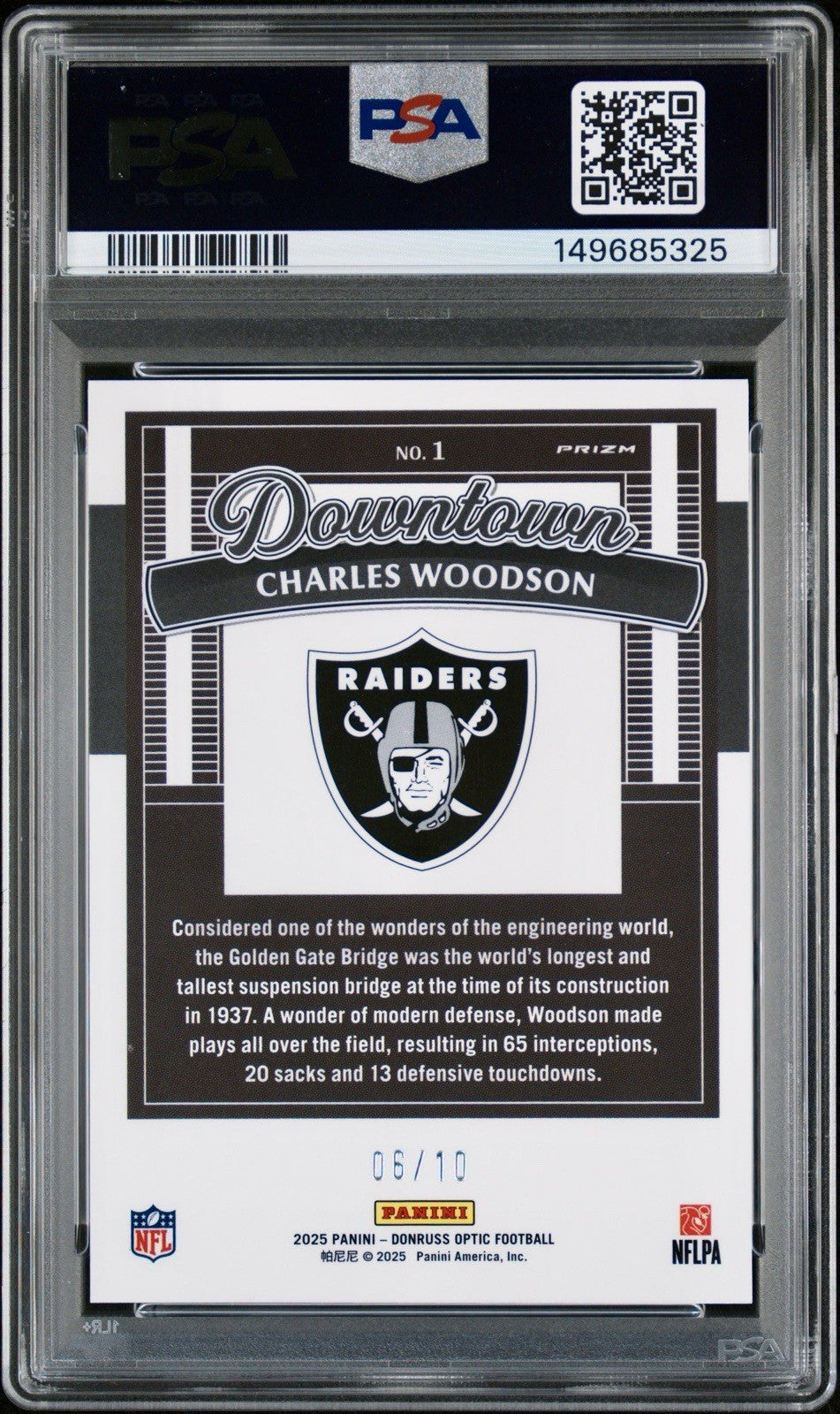 CHARLES WOODSON 2025 PANINI DONRUSS OPTIC DOWNTOWN GOLD  #’d/10 PSA 10 POP 3