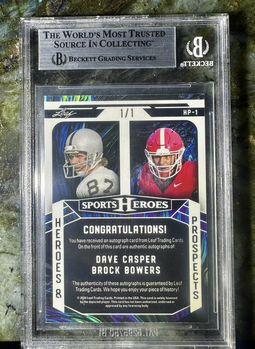 2024 Leaf Sports Heroes Brock Bowers RC Dave Casper Dual Auto 1/1 Gold Prismatic