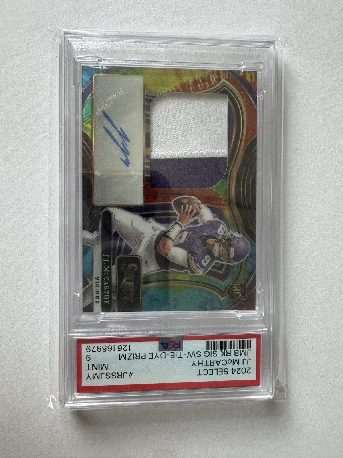 2024 Select Jumbo Rookie Signature Swatch Tie-dye J.J. McCarthy #JRSS-JMY /25