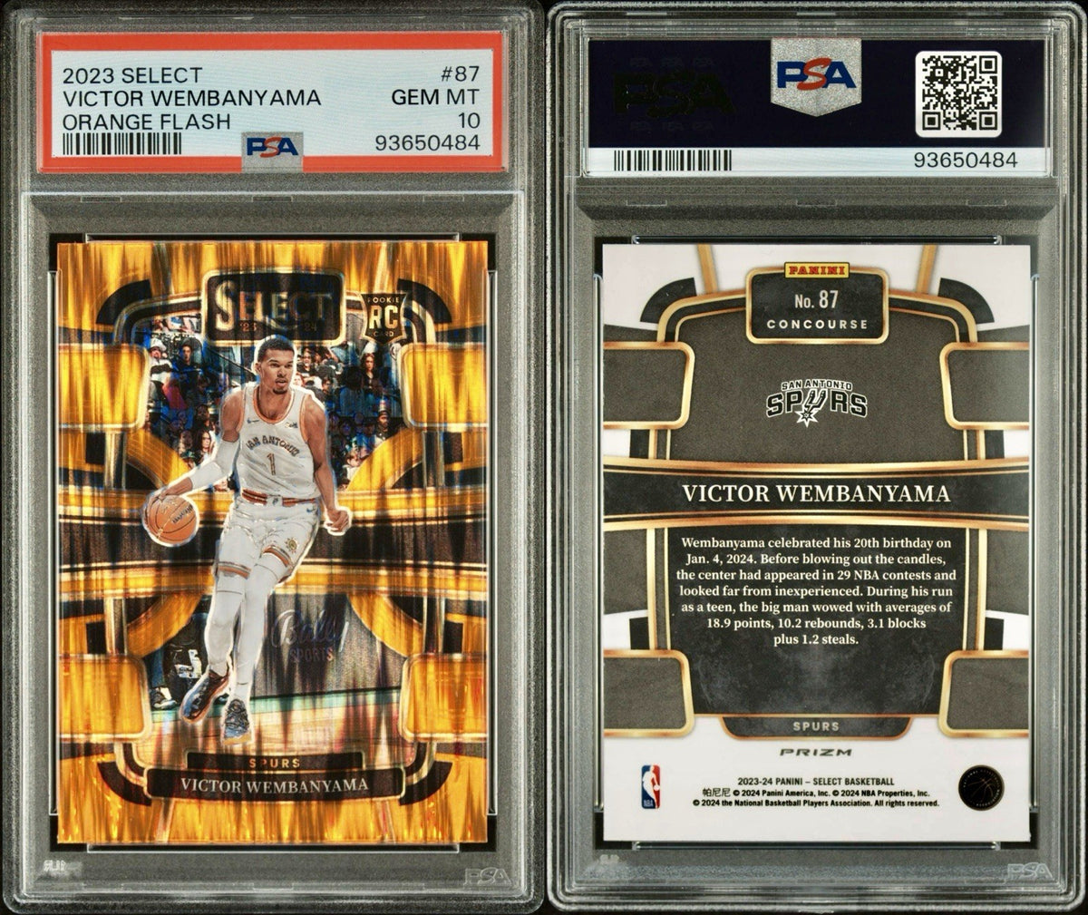 2023 Panini Select Concourse Victor Wembanyama #87 Orange Flash Prizm (RC) PSA10